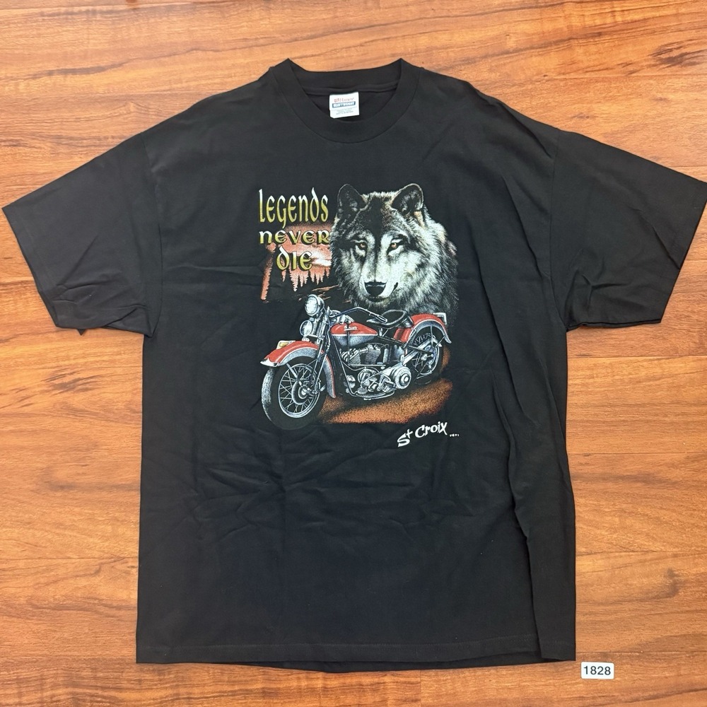Vtg Motorcycle Wolf Legends Never Die St Croix Black Short Sleeve T-Shirt Sz XL